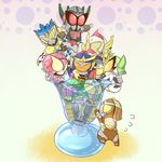  6+boys banana belt cherry cup food fruit helmet kamen_rider kamen_rider_baron kamen_rider_bravo kamen_rider_duke kamen_rider_gaim kamen_rider_gaim_(series) kamen_rider_gridon kamen_rider_knuckle kamen_rider_kurokage kamen_rider_marika kamen_rider_ryugen kamen_rider_sigurd kamen_rider_zangetsu_shin mask melon multiple_boys orange parfait shiro_ookami 