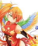  breasts china_dress chinese_clothes cleavage cleavage_cutout dress elbow_gloves gloves green_eyes highres leilan_(p&amp;d) medium_breasts multicolored multicolored_wings puzzle_&amp;_dragons red_hair side_ponytail smile solo sword tottsuman weapon wings 