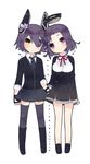  2girls :o boots breasts eyepatch fingerless_gloves gloves hand_holding headgear highres kantai_collection large_breasts loafers looking_at_viewer mechanical_halo multiple_girls neck_ribbon necktie no_socks purple_eyes purple_hair ribbon school_uniform shoes short_hair smile sumisu_(rinsumi) tatsuta_(kantai_collection) tenryuu_(kantai_collection) thighhighs white_background yellow_eyes 
