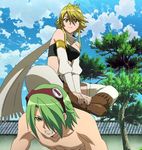  1boy 1girl akame_ga_kill! blonde_hair breasts cloud green_hair large_breasts leone long_hair lubbock lubbock_(akame_ga_kill!) screencap sitting sitting_on_person smile stitched 