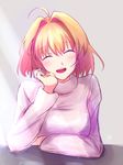  ahoge arcueid_brunestud blonde_hair blush closed_eyes fal hair_intakes hand_on_own_chin short_hair sketch smile solo sweater tsukihime turtleneck 