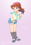  bow brown_eyes brown_hair character_name commentary_request dated flat_chest hair_bow highres inoue_sora kodama_fumika leaning_forward leg_warmers long_hair ponytail shorts solo translation_request youkai_watch 