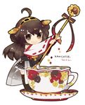  :d bow brown_eyes brown_hair cup detached_sleeves double_bun hairband headgear kantai_collection kongou_(kantai_collection) long_hair looking_at_viewer minigirl nontraditional_miko open_mouth ribbon-trimmed_sleeves ribbon_trim saucer smile solo spoon sumisu_(rinsumi) teacup thighhighs white_background 