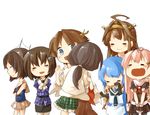  ahoge black_hair blue_eyes blue_hair brown_hair closed_eyes crying elbow_gloves female_admiral_(kantai_collection) fingerless_gloves gloves haguro_(kantai_collection) hair_flaps hair_ornament hairclip height_difference hiei_(kantai_collection) hug kantai_collection kongou_(kantai_collection) light_brown_hair long_hair maya_(kantai_collection) multiple_girls open_mouth pleated_skirt remodel_(kantai_collection) samidare_(kantai_collection) scarf school_uniform serafuku short_hair shunrai skirt smile yuudachi_(kantai_collection) 