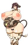  1girl animal_ears areolae bare_shoulders bell blush breastless_clothes breastless_clothing breasts breasts_outside brown_eyes brown_hair censored collar cow_ears cow_girl cow_horns cow_print cow_tail elbow_gloves female gigantic_breasts gloves horns idolmaster idolmaster_cinderella_girls jewelry large_areolae nipples no_bra no_panties oikawa_shizuku plump pregnant puffy_nipples renges ring short_hair simple_background smile solo standing tail thighhighs wedding_ring white_background wide_hips 