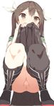  aida_takanobu anus asymmetrical_legwear bad_id bad_twitter_id brown_eyes brown_hair elbow_gloves full_body gloves hair_ribbon kantai_collection looking_away no_panties pelvic_curtain pussy remodel_(kantai_collection) ribbon single_elbow_glove single_thighhigh skirt skirt_lift solo squatting thighhighs tone_(kantai_collection) twintails white_ribbon 