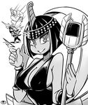  1boy 2girls breasts cleavage egyptian eliza_(skullgirls) grin horace_(skullgirls) jewelry kick kicking large_breasts lots_of_jewelry microphone monochrome multiple_girls samson_(skullgirls) short_hair sideboob skullgirls smile teeth tiara vincent_(hiyakuen) 