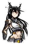 armor bare_shoulders black_hair breasts commentary deel_(rkeg) headgear highres kantai_collection large_breasts long_hair midriff nagato_(kantai_collection) navel red_eyes simple_background sketch solo white_background 