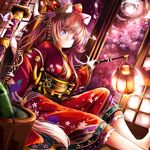  animal_ears blurry brown_hair depth_of_field fox_ears fox_tail gradient_eyes hair_ornament holding japanese_clothes katana kimono lampion long_hair looking_at_viewer multicolored multicolored_eyes original petals sitting smile solo sword tail tatami umagenzin weapon 