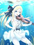  bare_shoulders blonde_hair blue_eyes bow_(instrument) bubble fal hair_ribbon highres instrument long_hair looking_at_viewer open_mouth original pantyhose ribbon solo underwater violin 