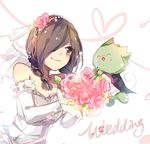  ^_^ ^o^ bangs blush bouquet bridal_veil bride brown_eyes brown_hair closed_eyes defect_mogeko dress english flower formal good_end hair_flower hair_ornament hair_over_one_eye heart holding jewelry kurai_yonaka mary_(14476764) mogeko_castle necklace one_eye_covered open_mouth petals ring sidelocks simple_background smile sweatdrop tail tearing_up veil wedding wedding_dress wedding_ring white_background 