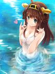  ahoge alternate_costume blush breast_squeeze breasts brown_hair cleavage grey_eyes headgear heart highres kantai_collection kongou_(kantai_collection) large_breasts long_hair looking_at_viewer nightgown niseneko_(mofumofu_ga_ienai) partially_submerged ripples see-through smile solo spaghetti_strap strap_pull undressing water wet wet_clothes 
