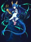  blue_dress blue_eyes blue_gloves blue_hair blue_legwear brass_knuckles china_dress chinese_clothes dragon_girl dragon_horns dragon_tail dress elbow_gloves fang full_body gauntlets gloves grin highres horns karin_(p&amp;d) leg_up long_hair niyasuke_(yama) puzzle_&amp;_dragons scales short_sleeves smile solo spiked_knuckles tail thighhighs vambraces very_long_hair weapon 