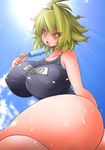  antenna_hair arcueid_brunestud ass ato_(bfj315) blonde_hair blush breasts covered_nipples dripping food highres huge_breasts impossible_clothes impossible_swimsuit lens_flare melty_blood one-piece_swimsuit popsicle red_sclera school_swimsuit shiny shiny_skin short_hair solo strap_gap sweat swimsuit taut_clothes taut_swimsuit tsukihime warcueid yellow_eyes 