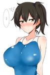  alternate_costume blue_swimsuit blush breasts brown_eyes brown_hair kaga_(kantai_collection) kantai_collection large_breasts looking_away one-piece_swimsuit poshi_(ginmokusei) short_hair side_ponytail simple_background solo swimsuit white_background 