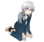  barefoot chain child cuffs full_body kakumeiki_valvrave kneeling l-elf male_focus nonhomo_gyunyu open_mouth purple_eyes shackles silver_hair simple_background solo sweatdrop white_background younger 