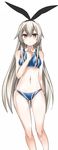  :&lt; absurdres alternate_costume bikini blonde_hair brown_eyes finger_to_chin hair_ribbon highres kantai_collection long_hair looking_at_viewer midriff navel ribbon shimakaze_(kantai_collection) simple_background solo sports_bikini swimsuit white_background xiaodi 