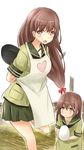  :o absurdres apron arm_behind_back blush brown_eyes brown_hair egg frying_pan heart highres if_they_mated kantai_collection leg_up long_hair looking_at_viewer mother_and_daughter multiple_girls ooi_(kantai_collection) saku_(kudrove) school_uniform serafuku standing standing_on_one_leg very_long_hair younger 