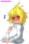  1girl :t antenna_hair arcueid_brunestud ato_(bfj315) blonde_hair blush breasts eating food full-face_blush large_breasts melty_blood mochi red_sclera short_hair solo sweatdrop sweater tsukihime wagashi warcueid yellow_eyes 