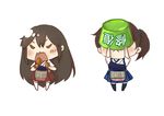  :&lt; akagi_(kantai_collection) armor bauxite brown_eyes brown_hair bucket chibi eating gloves japanese_clothes kaga_(kantai_collection) kantai_collection long_hair multiple_girls muneate open_mouth repair_bucket sayo_(asahisayo) side_ponytail thighhighs 