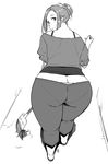  ass bent_over butt_crack curvy downpants ganto greyscale hair_bun looking_at_viewer looking_back monochrome okita_kyouko okusan panties panty_peek pantylines sketch solo standing sweeping underwear wide_hips 