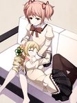  blonde_hair blush bow closed_eyes couch drill_hair hair_ornament hair_ribbon hand_on_another's_head kaname_madoka lap_pillow long_hair mahou_shoujo_madoka_magica multiple_girls open_mouth pantyhose red_bow red_ribbon ribbon school_uniform skirt smile thighhighs tomoe_mami torigoe_takumi twin_drills twintails white_legwear 