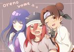  3girls bitou blush brown_hair chinese_clothes double_bun fang female fingerless_gloves gloves hat headband hyuuga_hinata long_hair looking_at_viewer multiple_girls naruto pink_hair purple_hair red_hair tayuya tenten v 