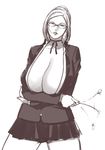  breast_hold breasts cleavage crossed_arms ganto gigantic_breasts glasses hair_bun huge_breasts looking_at_viewer monochrome prison_school riding_crop shiraki_meiko sketch skirt solo standing white_background 
