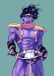  black_hair cowboy_shot fingerless_gloves gloves jojo_no_kimyou_na_bouken loincloth loincloth_lift male_focus parody pauldrons pelvic_curtain purple_skin pydiyudie solo stand_(jojo) star_platinum 