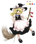  :d apron blush bobby_socks broom broom_ribbon broom_riding dress full_body hand_on_hip hat huyusilver kirisame_marisa mary_janes official_style oota_jun'ya_(style) open_mouth parody pigeon-toed shoes smile socks solo style_parody touhou v-shaped_eyebrows vest waist_apron wavy_hair witch_hat 