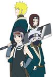  1girl 3boys age_difference black_eyes black_hair blonde_hair blue_eyes brown_hair forehead_protector goggles half_mask hatake_kakashi headband kirigakure_symbol kubikirihouchou looking_at_viewer mask multiple_boys namikaze_minato naruto naruto_shippuuden ninja nohara_rin short_hair simple_background smile spiked_hair uchiha_obito white_background white_hair yumekoi_(cc123159) 