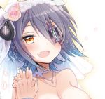  bad_id bad_pixiv_id breasts cleavage eyepatch fang flower headgear holding_hands jewelry kantai_collection large_breasts looking_at_viewer lowres necklace open_mouth out_of_frame pov pov_hands purple_hair ring rose short_hair solo_focus tenryuu_(kantai_collection) veil wedding wedding_band yellow_eyes yuzuki_ryouta 