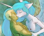  2014 anthro anthrofied breasts duo equine eyes_closed female friendship_is_magic hair hattonslayden horn human kissing long_hair male mammal my_little_pony nipples nude princess_celestia_(mlp) straight white_body winged_unicorn wings 