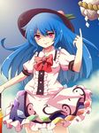  bad_id bad_pixiv_id blue_hair dress food frilled_dress frills fruit hat hinanawi_tenshi keystone long_hair peach pointing puffy_short_sleeves puffy_sleeves red_eyes short_sleeves sword_of_hisou touhou yuka_yukiusa 