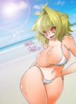  antenna_hair arcueid_brunestud ato_(bfj315) bags_under_eyes beach bikini blonde_hair blush breasts bursting_breasts cleavage day hands_on_hips huge_breasts melty_blood navel red_sclera sharp_teeth short_hair sideboob solo swimsuit teeth tsukihime warcueid white_bikini yellow_eyes 