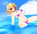  arcueid_brunestud bad_id bad_pixiv_id bikini blonde_hair blue_sky blush breasts cleavage cloud covered_nipples day hair_intakes highres large_breasts melty_blood micro_bikini nail_polish navel ocean partially_submerged purple_bikini red_eyes red_nails red_sclera reso_(remomiso) short_hair sky solo swimsuit tsukihime underboob warcueid 
