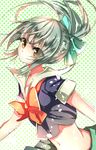  bad_id bad_pixiv_id bangs bow brown_eyes green_hair hair_bow hair_ribbon kantai_collection looking_at_viewer navel nekoboshi_sakko ponytail ribbon school_uniform serafuku short_sleeves sketch solo yuubari_(kantai_collection) 