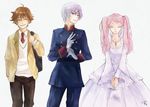  2boys aldnoah.zero asseylum_vers_allusia asseylum_vers_allusia_(cosplay) bad_id bad_pixiv_id bag blue_eyes brown_hair closed_eyes cosplay crossover dress gloves jewelry kaizuka_inaho kaizuka_inaho_(cosplay) kakumeiki_valvrave l-elf lieselotte_w_dorssia long_hair military military_uniform multiple_boys necklace necktie pink_hair school_bag school_uniform silver_hair slaine_troyard slaine_troyard_(cosplay) sweater_vest tokishima_haruto torari trait_connection twintails uniform white_dress white_gloves 