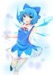  :d adapted_costume alternate_costume arm_behind_back blue_eyes blue_hair bow cirno hair_bow hair_ribbon highres ice ice_wings looking_at_viewer miy@ open_mouth ribbon short_hair smile solo standing standing_on_one_leg touhou wings 