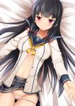  black_hair blush breasts dutch_angle groin isokaze_(kantai_collection) jewelry kantai_collection long_hair looking_at_viewer lying medium_breasts on_back panties panty_pull purple_eyes ring school_uniform serafuku sidelocks skirt skirt_lift solo takeyuu thigh_gap underwear wedding_band 