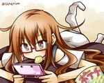  alternate_costume bean_bag_chair brown_eyes brown_hair casual chips eating food glasses handheld_game_console holding kantai_collection long_hair lying mochizuki_(kantai_collection) muji_body_fitting_sofa nintendo_3ds on_stomach playing_games potato_chips sanari_(quarter_iceshop) solo 