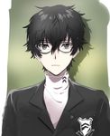  1boy black_hair emblem glasses looking_at_viewer male_focus messy_hair nara persona persona_5 protagonist_(persona_5) school_uniform short_hair simple_background solo turtleneck 