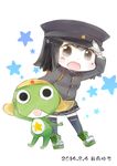  :d akitsu_maru_(kantai_collection) bad_id bad_pixiv_id black_hair brown_eyes crossover frog hat hinata_yuu kantai_collection keroro keroro_gunsou looking_at_viewer open_mouth peaked_cap pleated_skirt salute school_uniform short_hair skirt smile trait_connection 