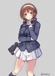  blush breasts brown_eyes brown_hair cosplay flying_sweatdrops girls_und_panzer grey_background hairband headphones highres kantai_collection large_breasts look-alike military military_uniform natori_(kantai_collection) ooarai_military_uniform school_uniform short_hair simple_background skirt solo sumisu_(mondo) twitter_username uniform white_hairband 