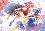  bamboo bandages blue_eyes blue_hair breasts bun_cover chain cleavage cuffs double_bun dress flower hair_ornament hair_rings hair_stick ibaraki_kasen kaku_seiga katana large_breasts multiple_girls ofuda petals pink_eyes pink_hair shawl short_hair smile sword touhou vest weapon yetworldview_kaze 