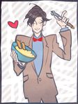  bow bowtie cowboy_shot custard doctor_who eleventh_doctor fish_fingers heart jacket kamaboko_(moyaciv) male_focus shirt solo sonic_screwdriver the_doctor 