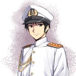  admiral_(kantai_collection) aiguillette black_hair brown_eyes epaulettes hat kantai_collection looking_at_viewer male_focus masamuuu military military_uniform naval_uniform peaked_cap sideburns solo uniform upper_body 