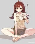  ahoge bare_legs barefoot blush brown_eyes brown_hair butterfly_sitting commentary fan feet full_body grey_background hands hands_on_feet highres hot kantai_collection long_hair ooi_(kantai_collection) paper_fan shorts simple_background sitting sketch solo sumisu_(mondo) sweat tank_top toes twitter_username uchiwa 