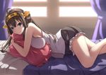  bare_shoulders blouse breasts brown_hair curtains double_bun hair_ornament hairband headgear japanese_clothes kantai_collection kongou_(kantai_collection) large_breasts long_hair lying nicoby nontraditional_miko on_bed on_stomach skirt smile solo window 