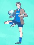  ball doctor_who eleventh_doctor jacket kamaboko_(moyaciv) male_focus simple_background soccer_ball soccer_uniform socks solo sportswear the_doctor 